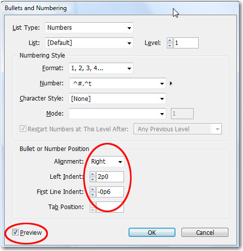 Aligning punctuation in a numbered list.