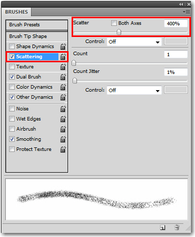 Adobe Photoshop: Scatter options in the Brushes panel.