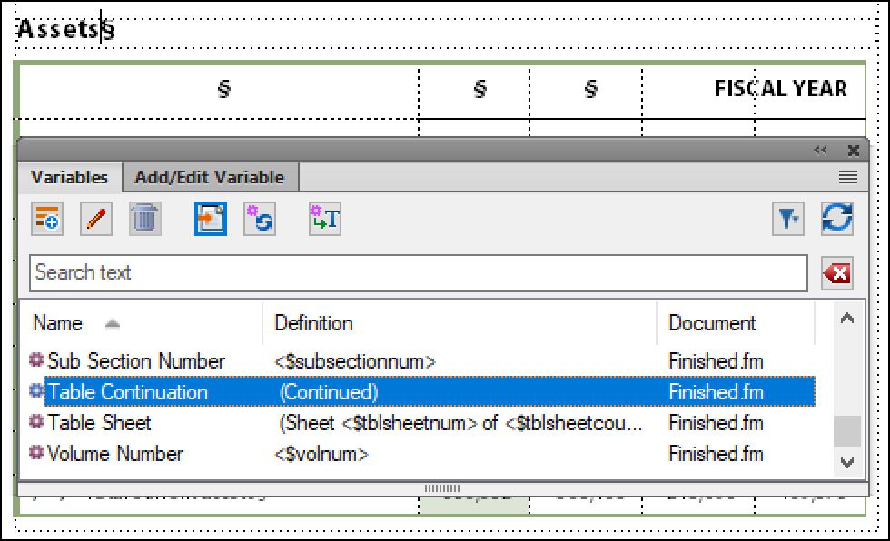 Adobe FrameMaker: Table Continuation Variable