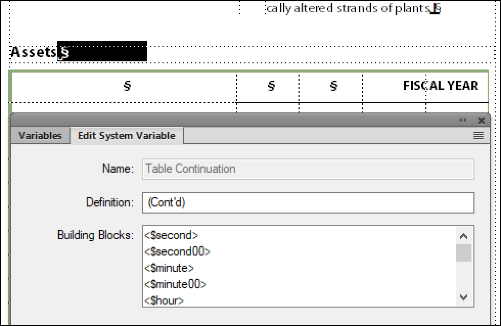 Adobe FrameMaker: Table Continuation Variable