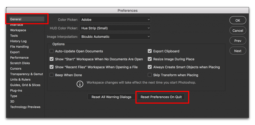 Adobe Photoshop CC 2015: Reset Preferences