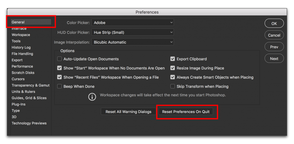 Image result for Reset Preferences on Quit photoshop