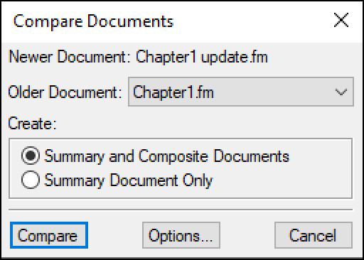 Adobe FrameMaker: File | Utilities | Compare Documents