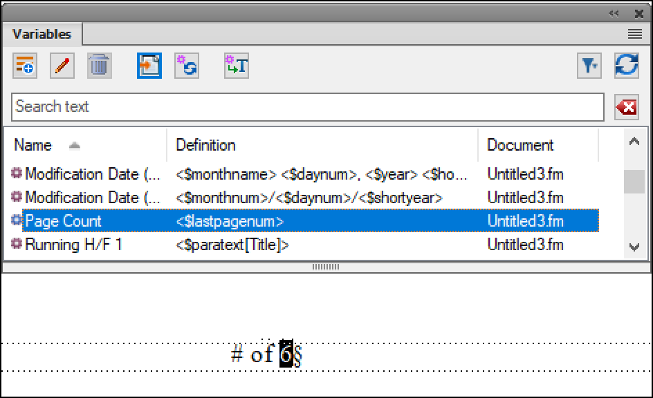 Adobe FrameMaker: Page Count Variable