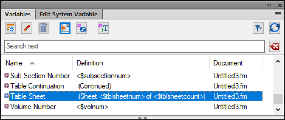 Adobe FrameMaker: Table Sheet Variable