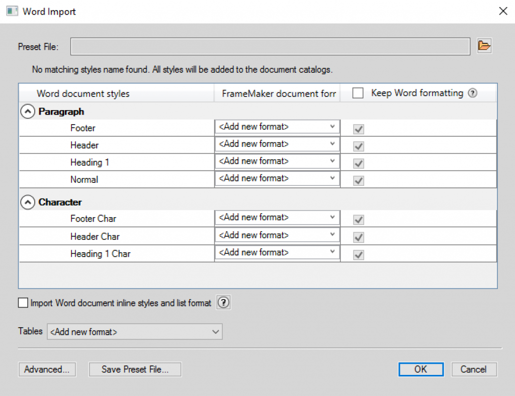 Style mapping: Word to FrameMaker