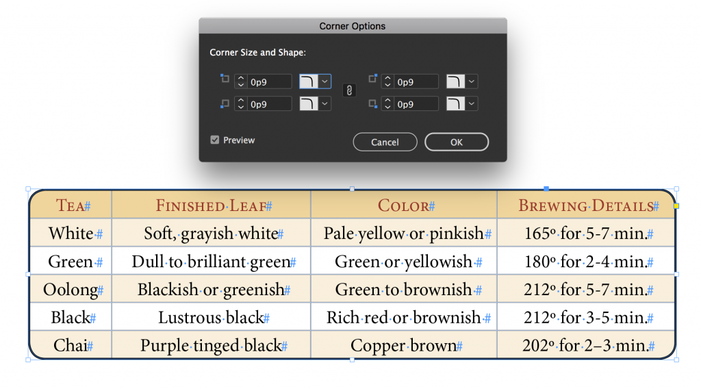 Adobe InDesign CC 2018: Round the corners of a table