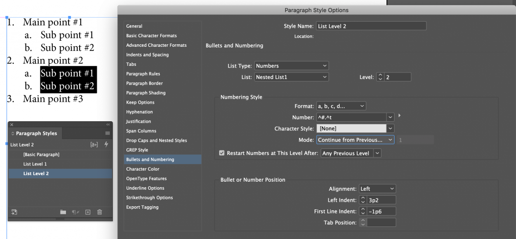 Adobe InDesign: Nested Lists