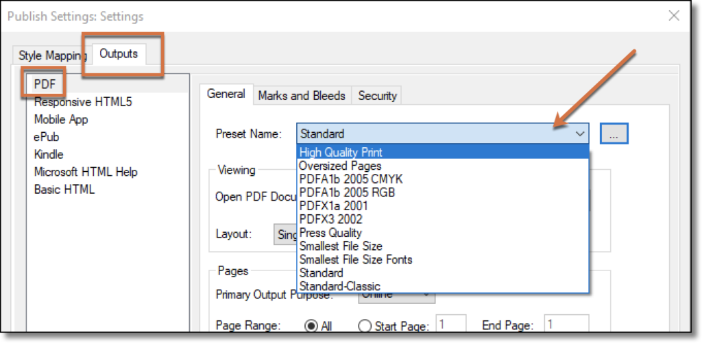 Adobe FrameMaker: Default PDF Preset List