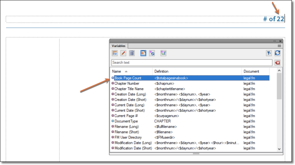 Adobe FrameMaker: Book Page Count variable