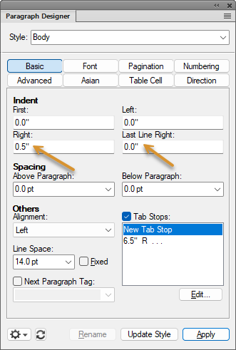 Adobe FrameMaker: Last line right indent
