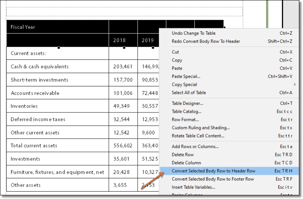 Adobe FrameMaker: Right click to convert a body row to a heading row