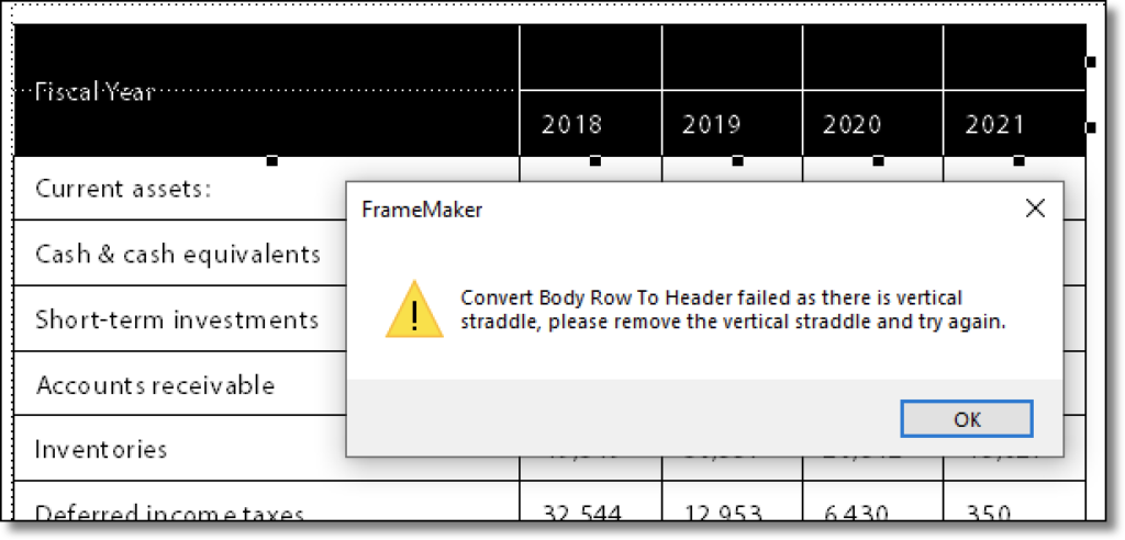 Adobe FrameMaker: Convert Header row error message